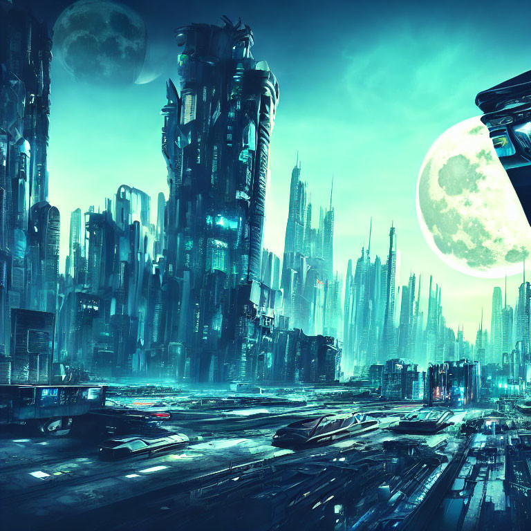 Futuristic cityscape with towering skyscrapers, moons, and space vehicles