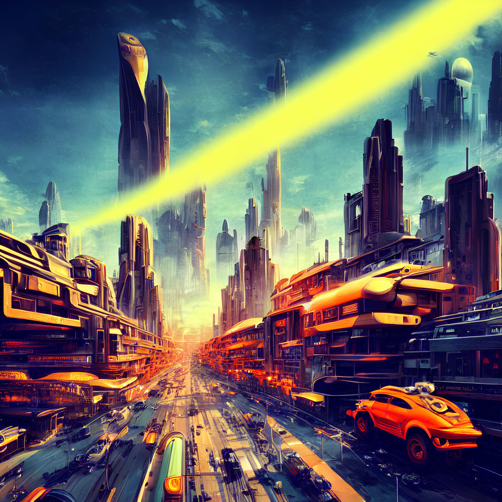 Futuristic cityscape with skyscrapers and flying vehicles