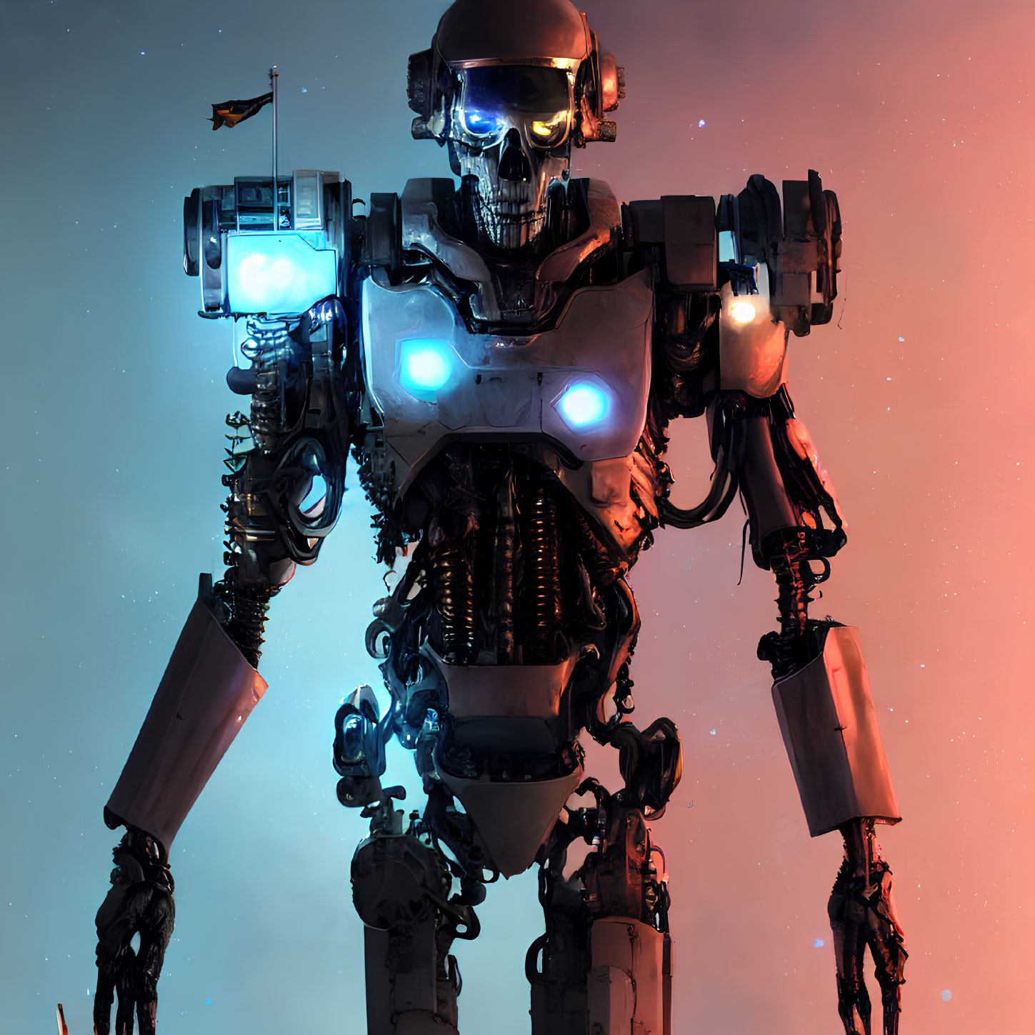 Futuristic robot with human-like structure and glowing blue eyes against pinkish sky