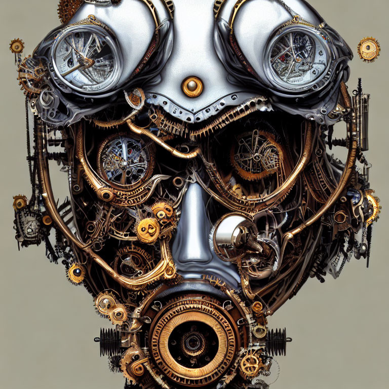 Detailed Steampunk Style Mechanical Skull Illustration on Neutral Background