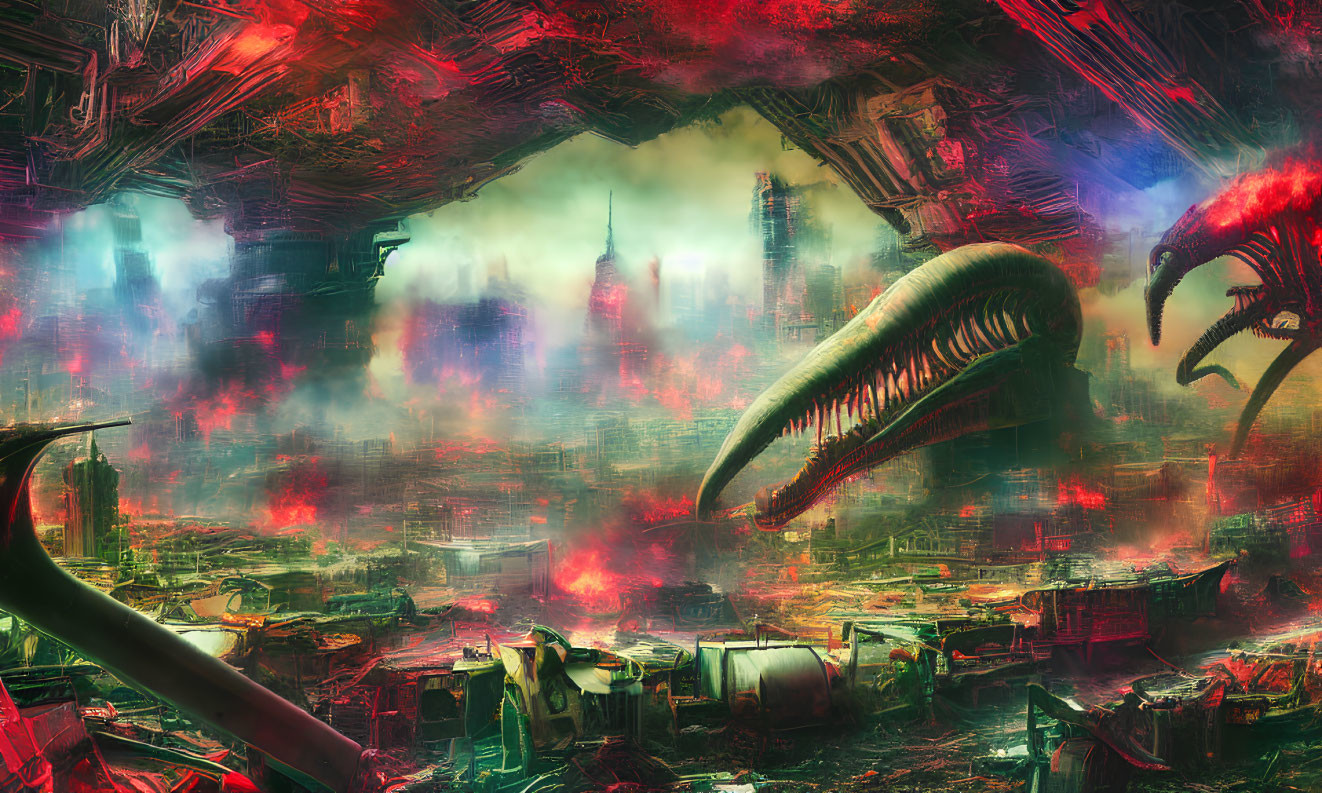 Dystopian cityscape with monstrous alien creature among neon-lit high-rise buildings