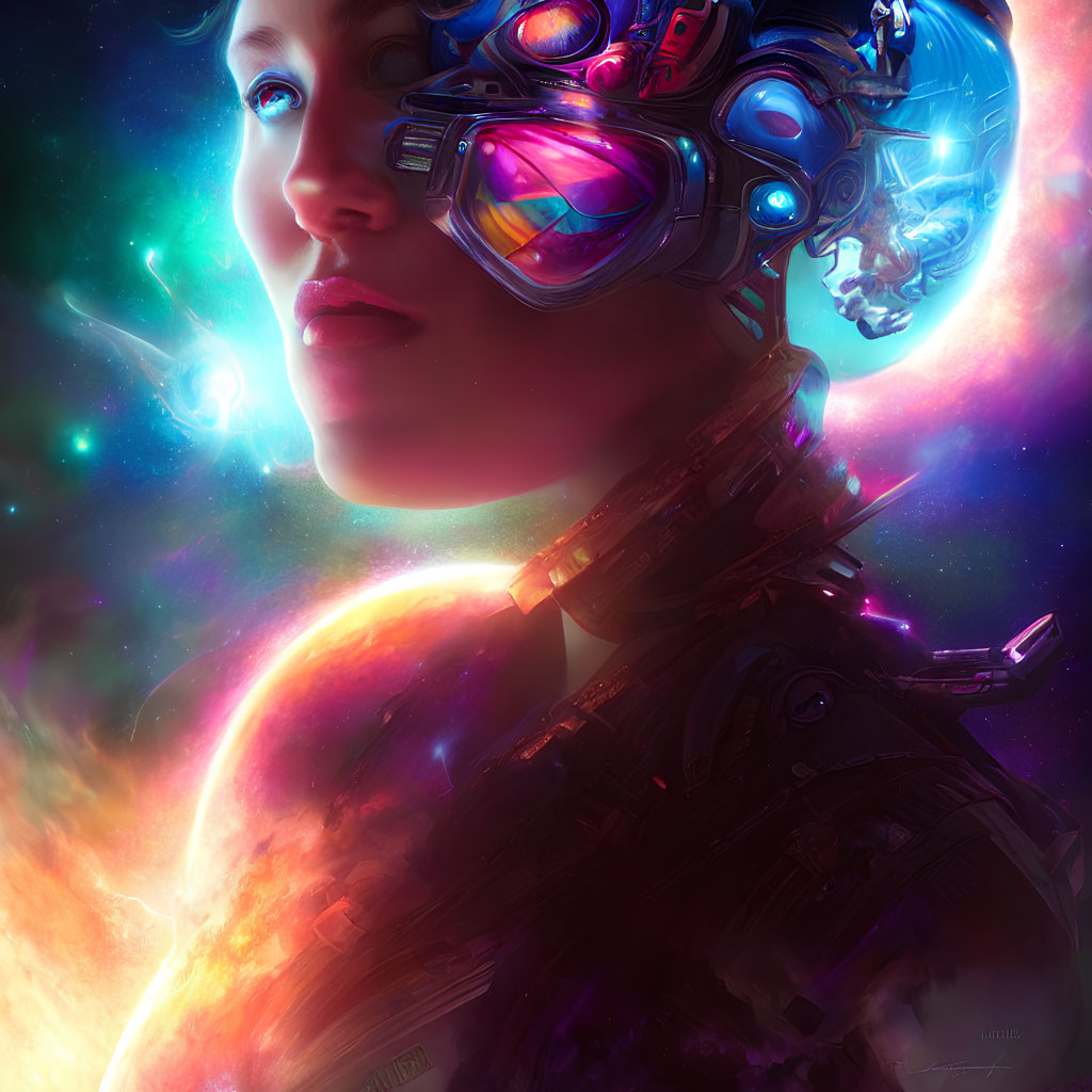 Futuristic woman with cybernetic enhancements in cosmic scene