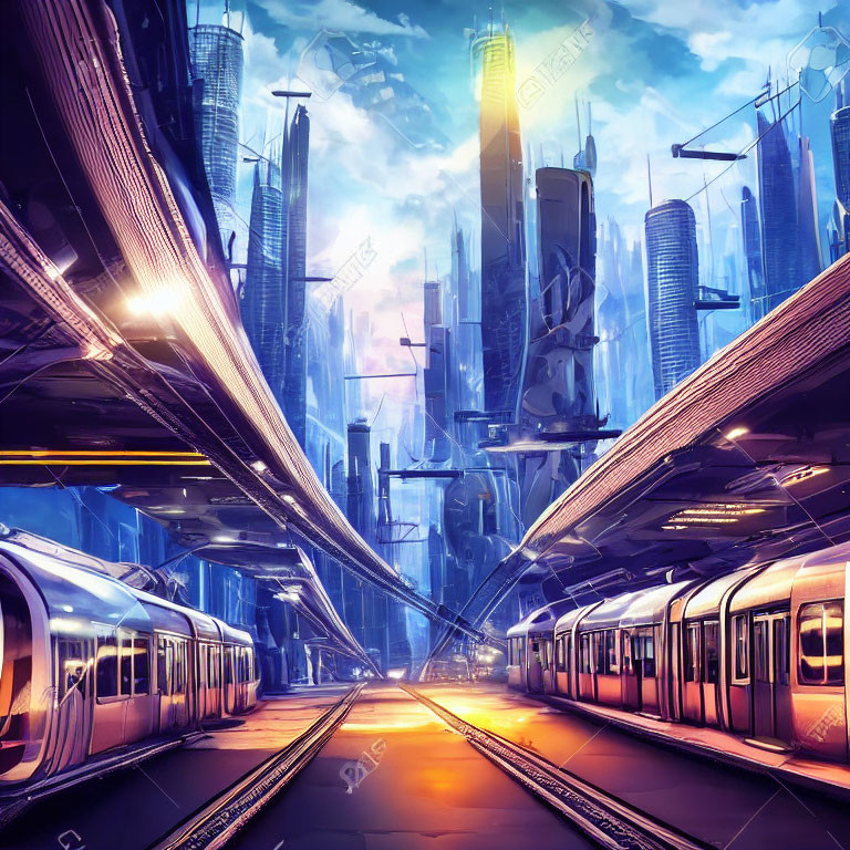 Futuristic cityscape with skyscrapers, trains, and twilight lighting