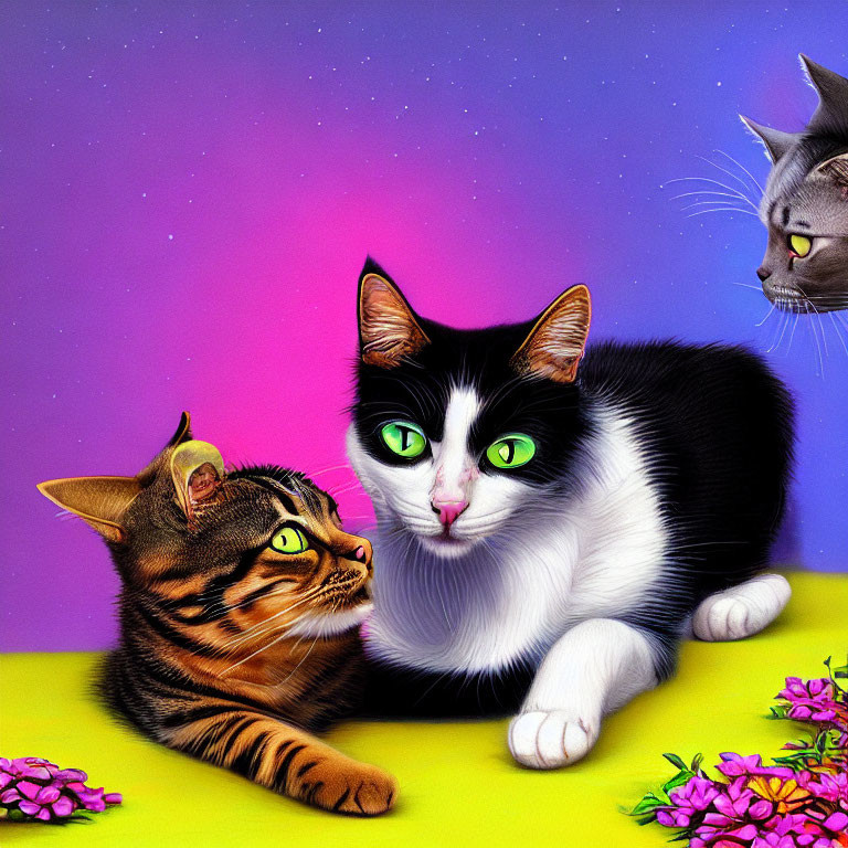 Three Vibrant Realistic Cats on Purple Starry Background with Pink Flowers