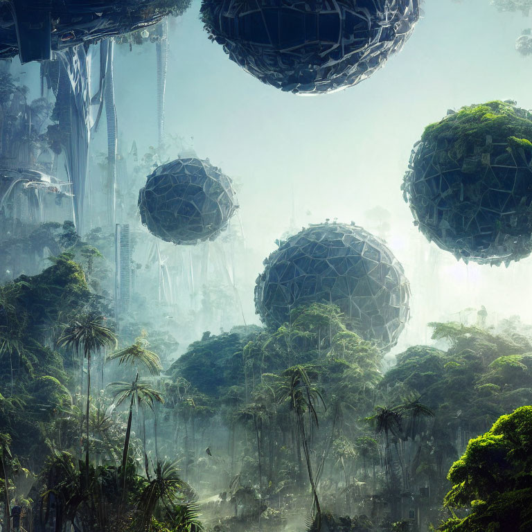 Spherical geodesic domes in futuristic forest with ethereal lighting