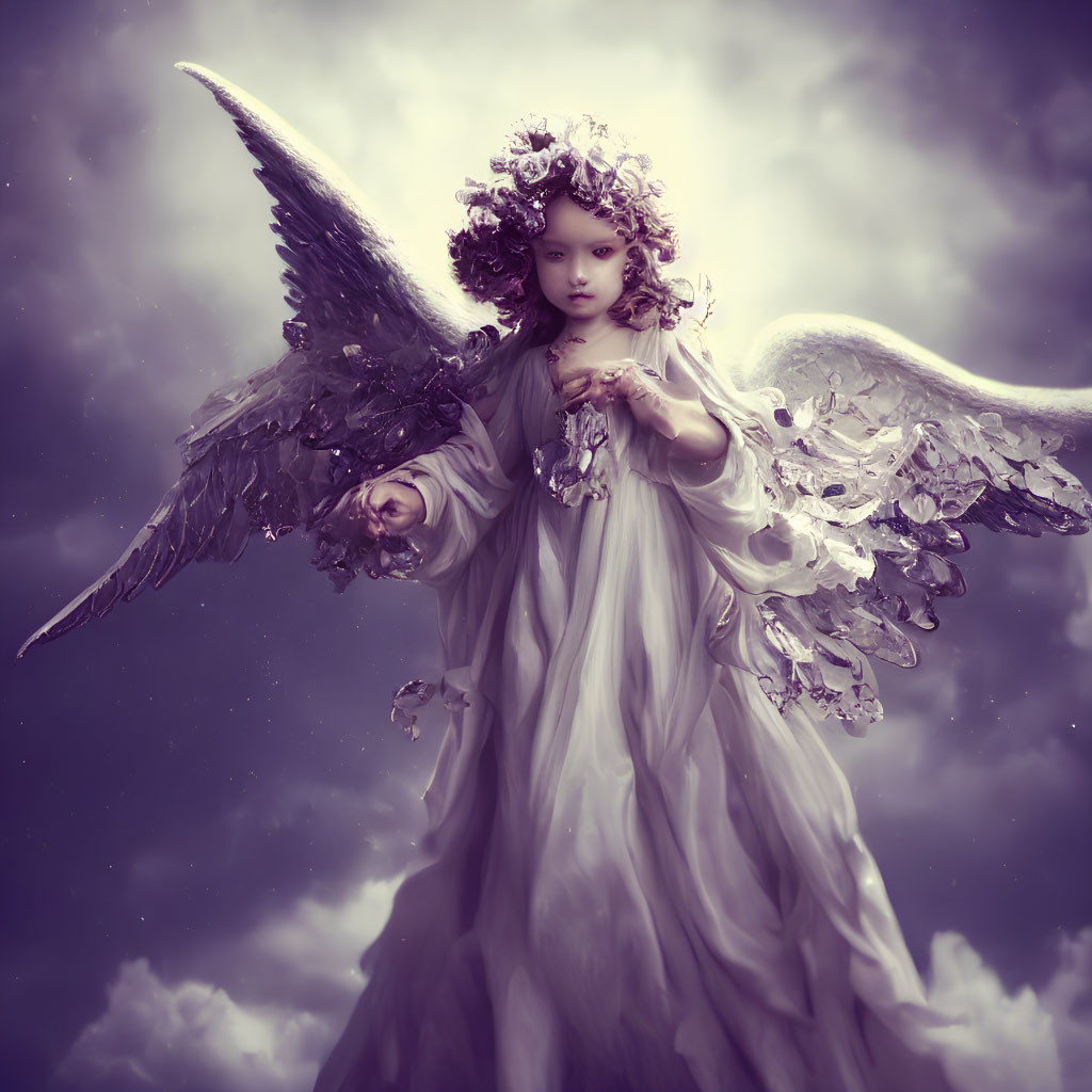 Ethereal figure with angelic wings in serene cloudy sky
