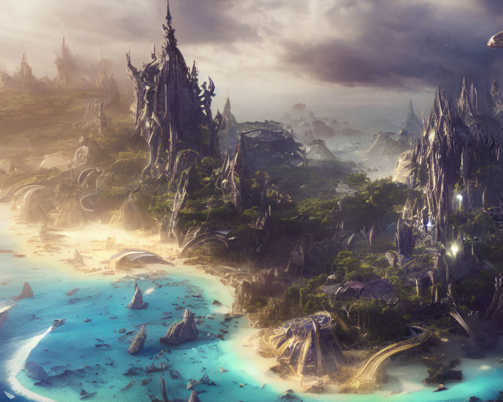 Mystical landscape with towering spires and luminescent waters