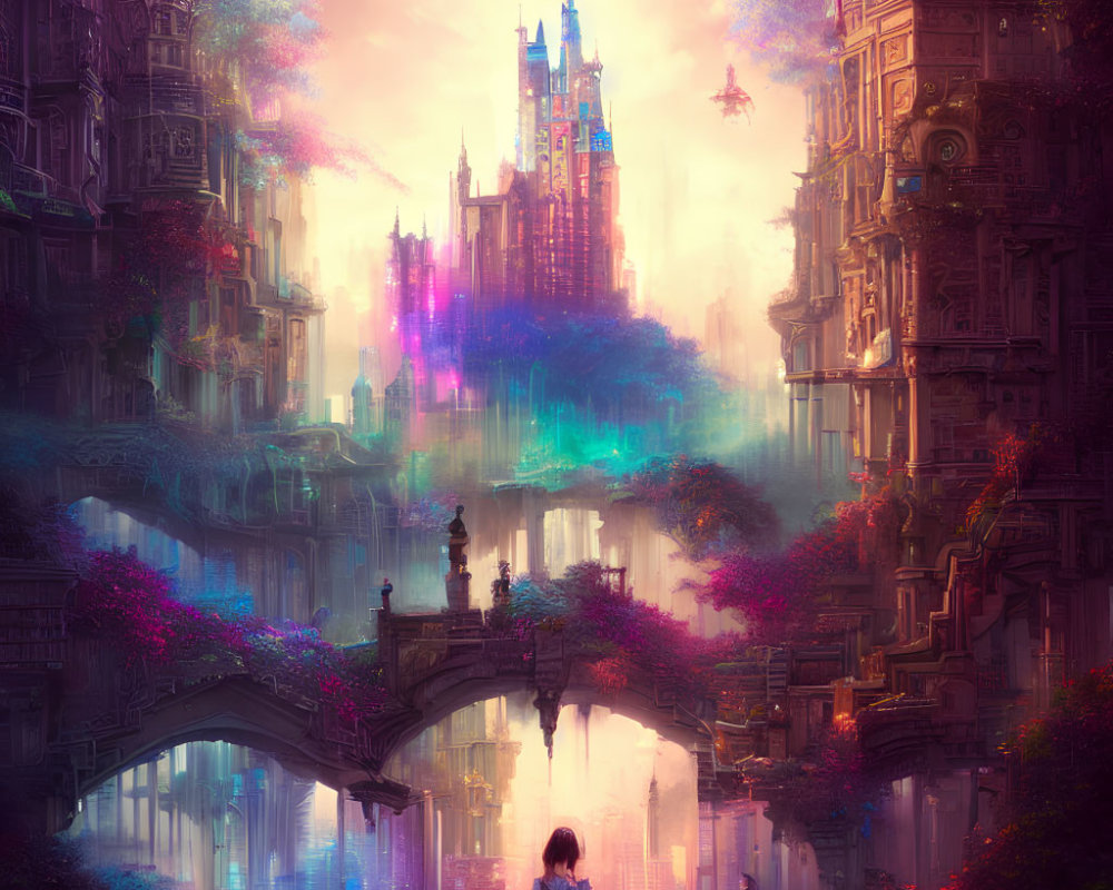 Fantasy cityscape with towering buildings, castle, river, bridge, and figure.