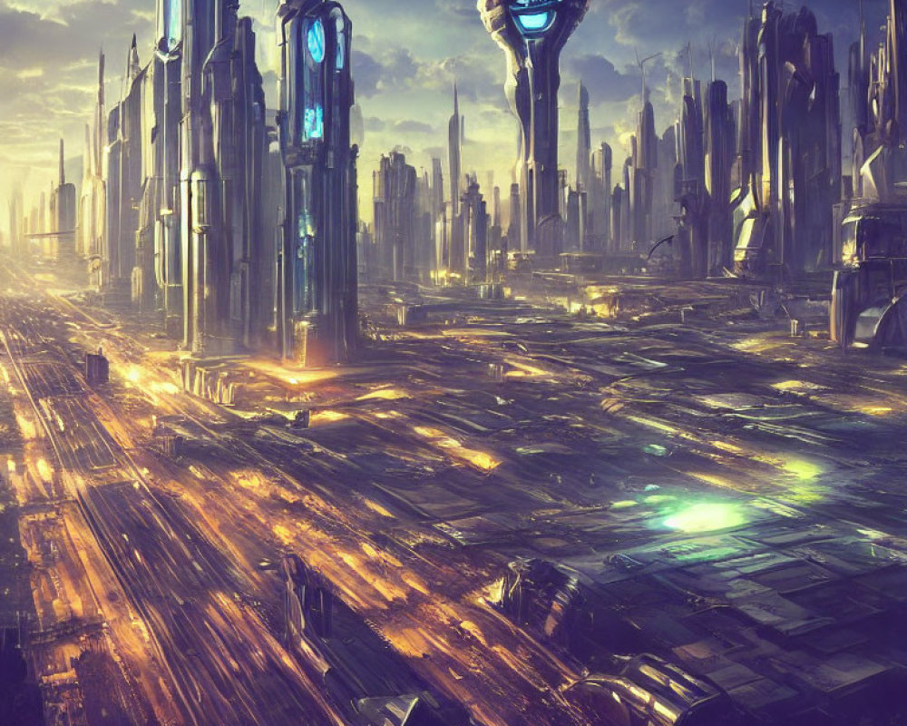 Futuristic cityscape with towering skyscrapers and glowing streets