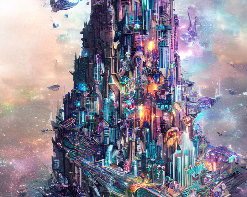 Futuristic cityscape with neon lights and flying vehicles