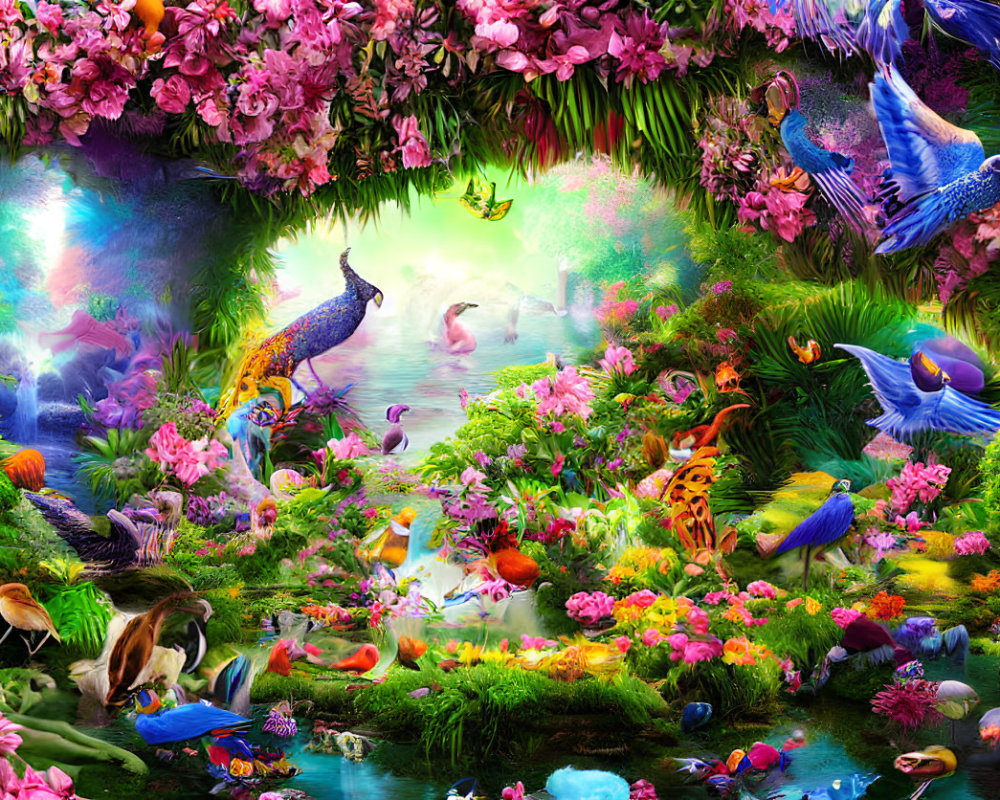 Colorful Fantasy Landscape with Flora, Birds, Butterflies, and Glowing Light