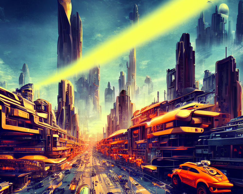 Futuristic cityscape with skyscrapers and flying vehicles