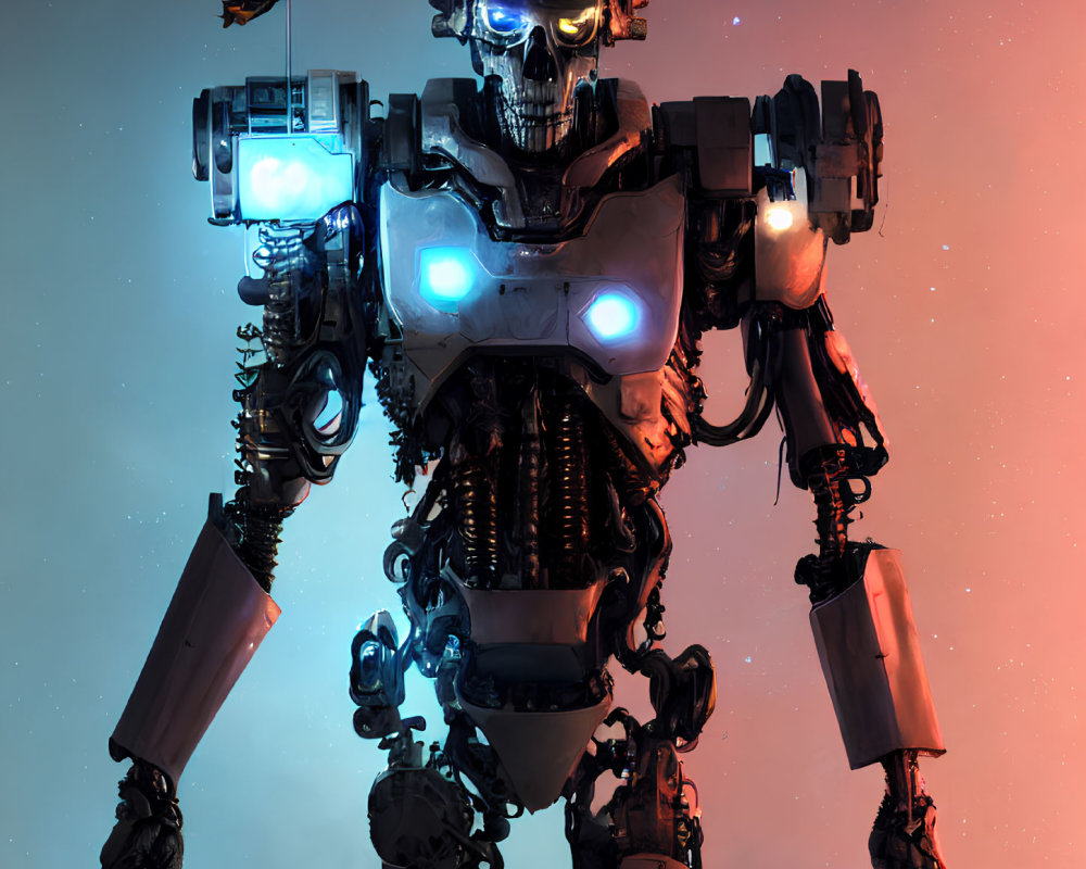 Futuristic robot with human-like structure and glowing blue eyes against pinkish sky