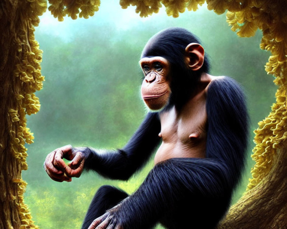 Young chimpanzee on lush forest tree branch gazes contemplatively