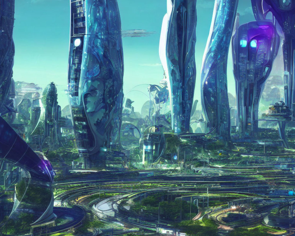 Futuristic cityscape with towering skyscrapers and elevated roads surrounded by greenery