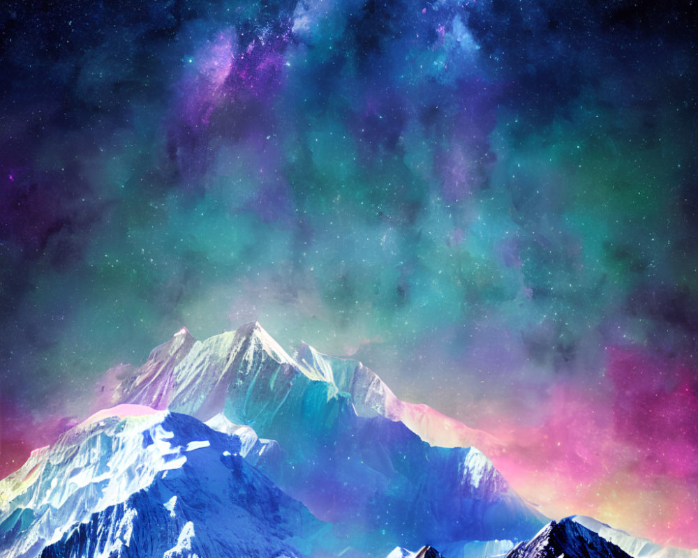 Starry Sky in Blue, Purple, and Pink above Snow-Capped Mountains