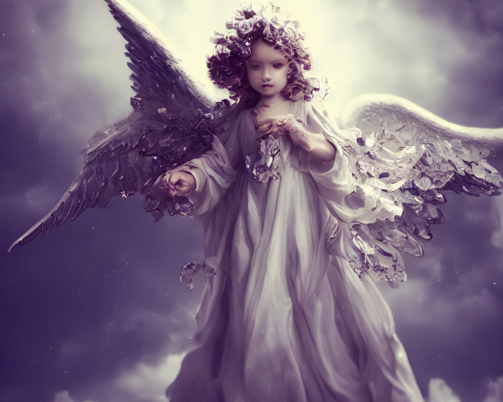 Ethereal figure with angelic wings in serene cloudy sky