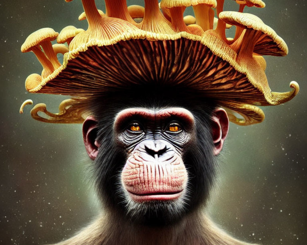 Surrealist primate with mushroom cap and gill-like structures on speckled backdrop