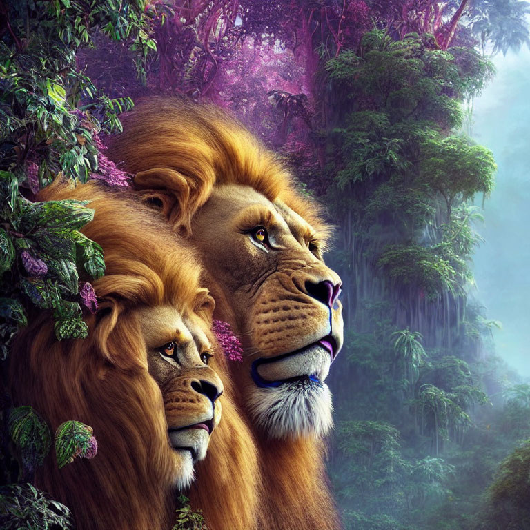 Vividly Colored Maned Lions in Mystical Jungle