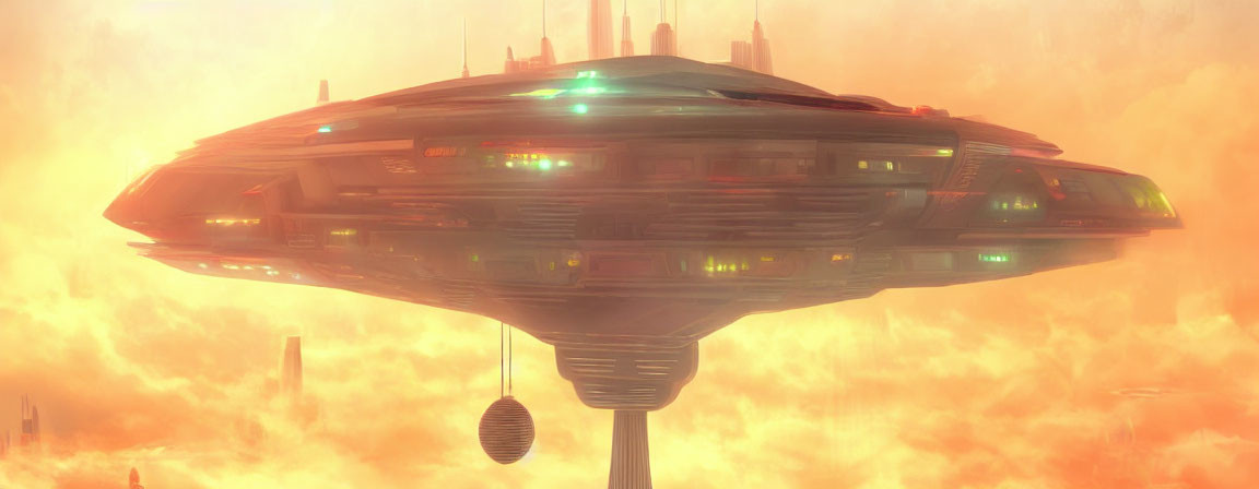 Futuristic spaceship in cloudy orange sky above cityscape