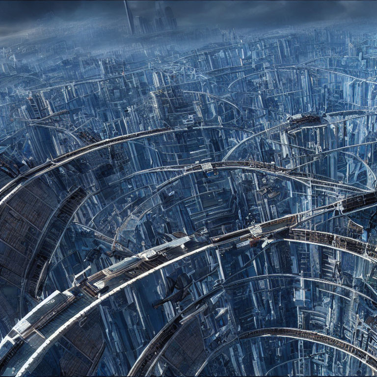 Futuristic elevated highways in dense cityscape under cloudy sky