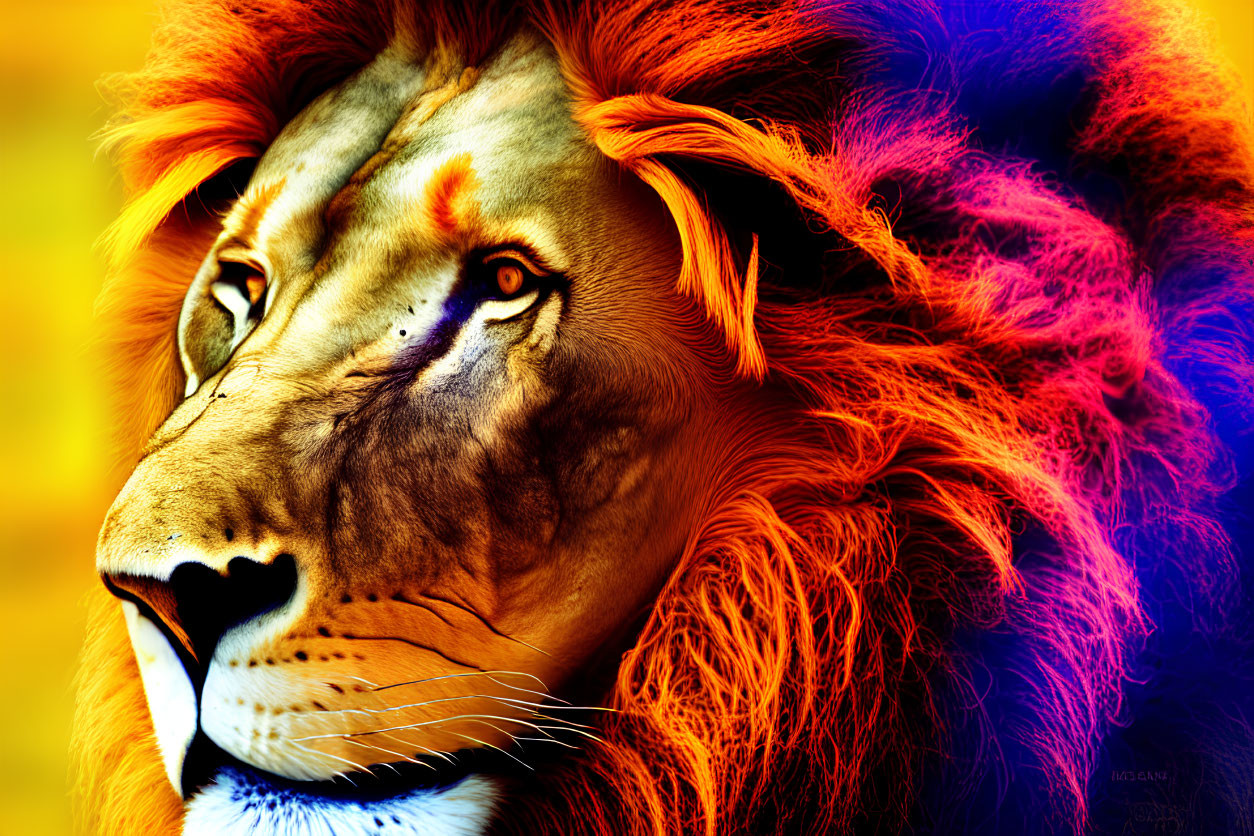 Colorful Lion Portrait with Striking Mane on Warm Background