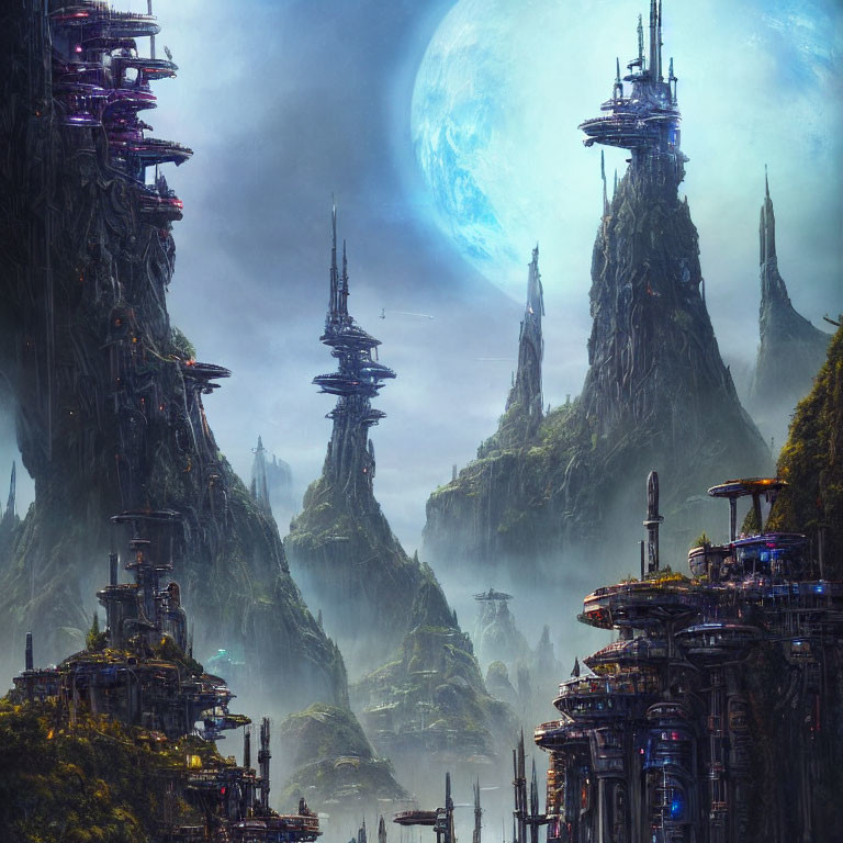 Alien city with towering spires in misty mountain setting