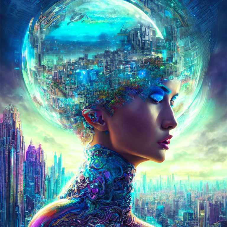 Futuristic digital artwork of woman with cityscapes in sphere