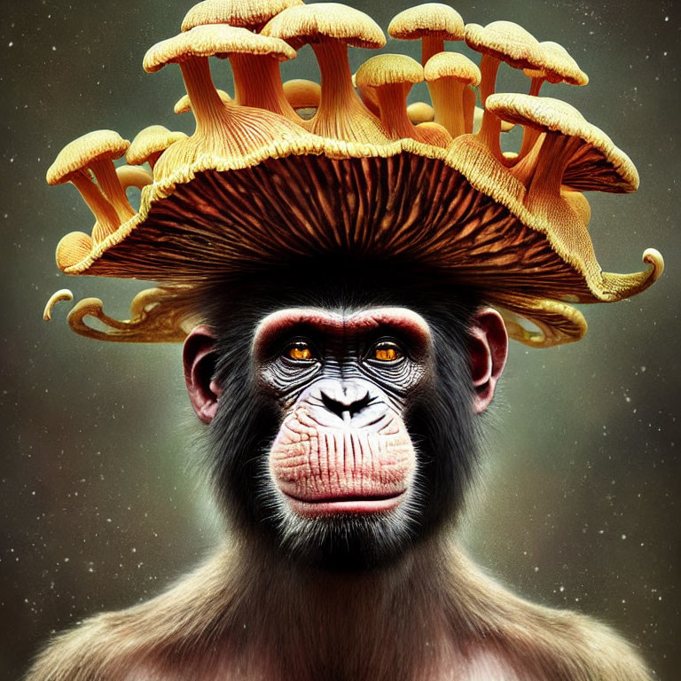 Surrealist primate with mushroom cap and gill-like structures on speckled backdrop
