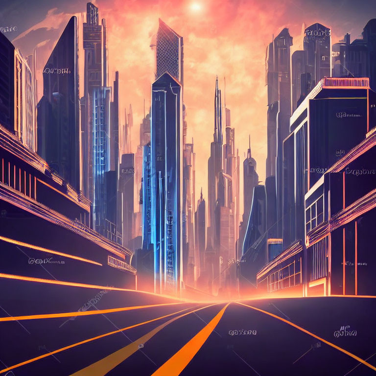 Futuristic cityscape with glowing skyscrapers and radiant sun