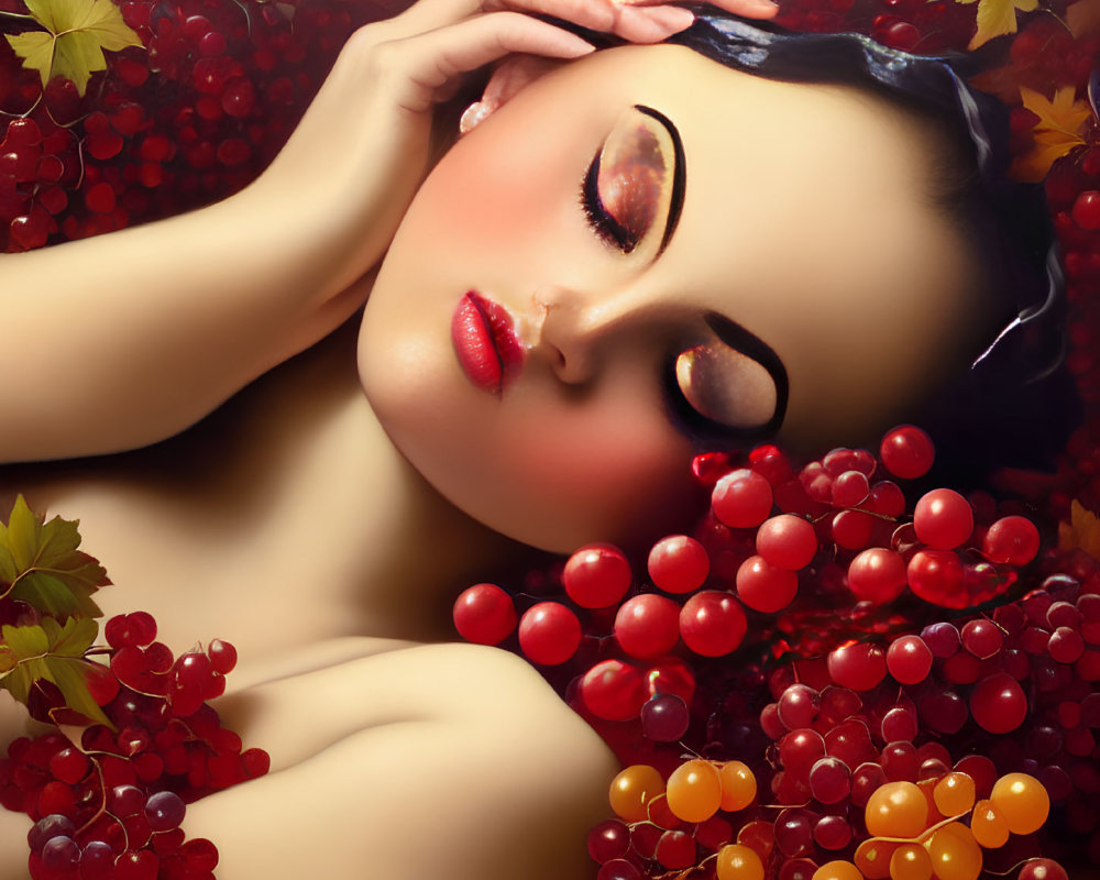 Woman resting among vibrant grapes with autumn leaves: A serene portrait