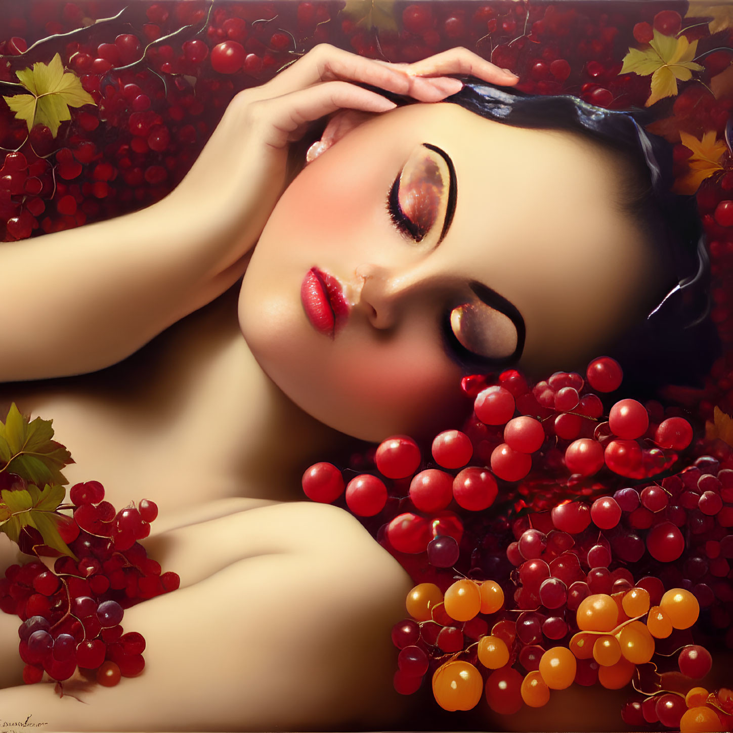 Woman resting among vibrant grapes with autumn leaves: A serene portrait