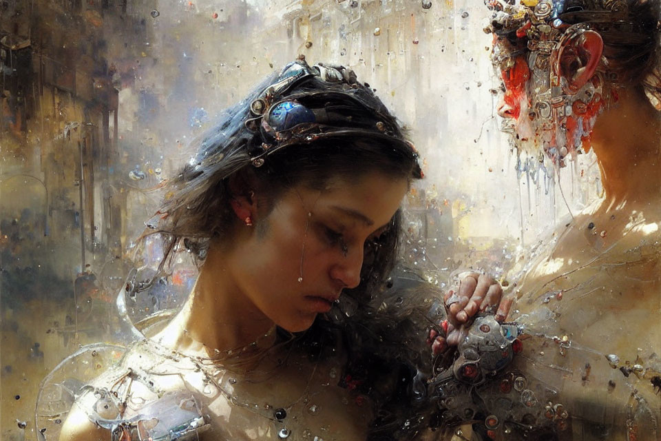 Cybernetic-enhanced female figures in emotional display with blurred mechanical backdrop