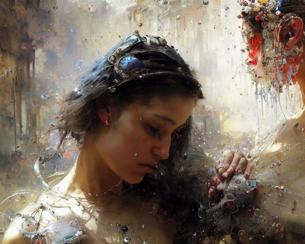 Cybernetic-enhanced female figures in emotional display with blurred mechanical backdrop