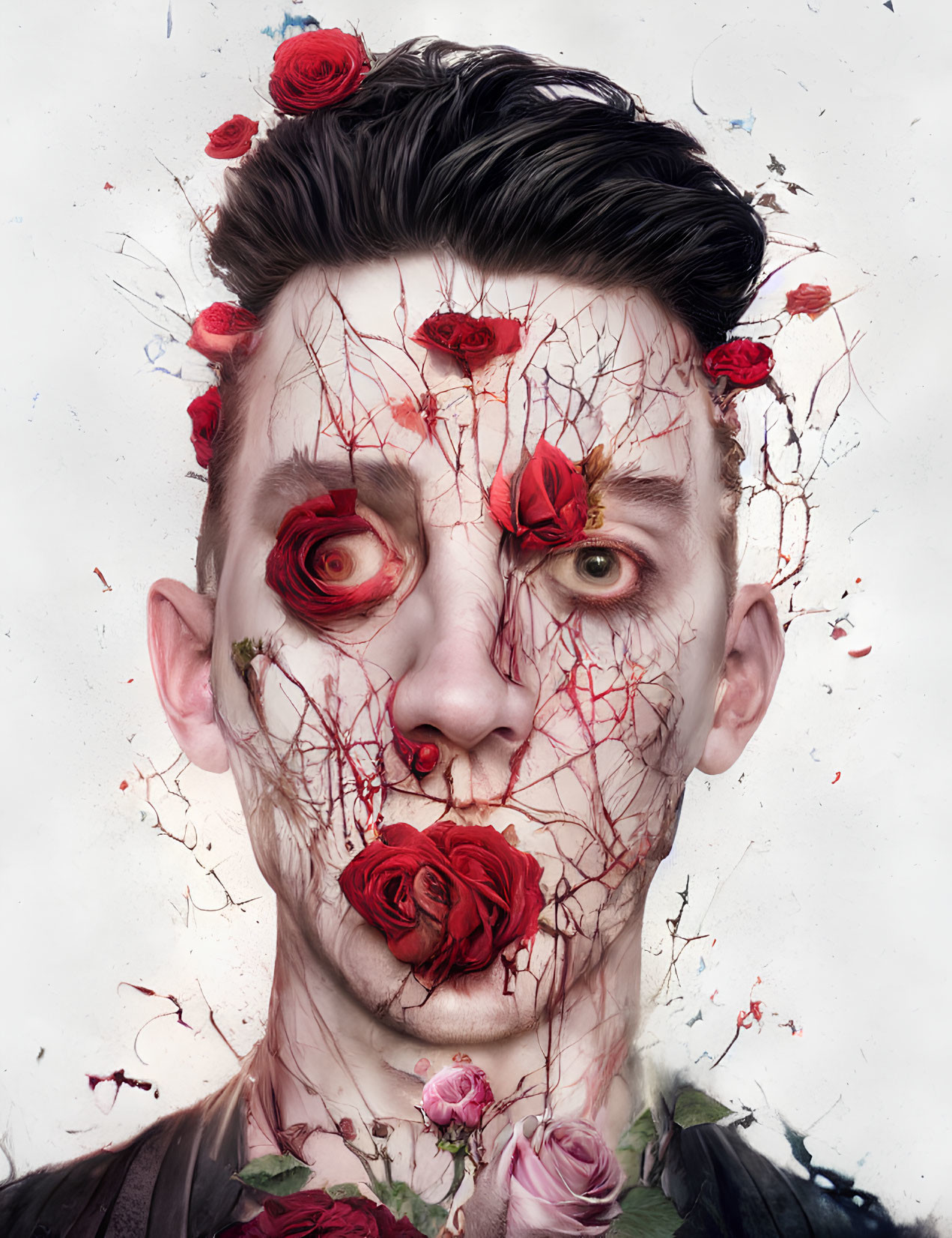 Man with Roses and Red Veins in Surreal Portrait