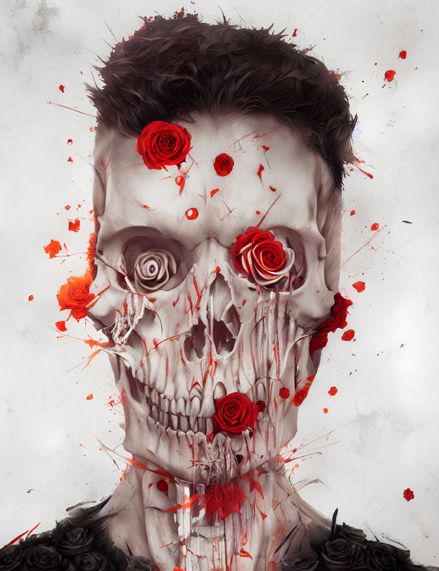 Surreal portrait with skull features and red roses on white background