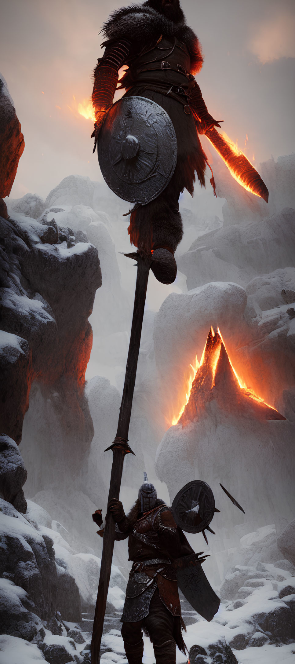 Warrior in fur armor confronts fiery winged creature in snowy landscape