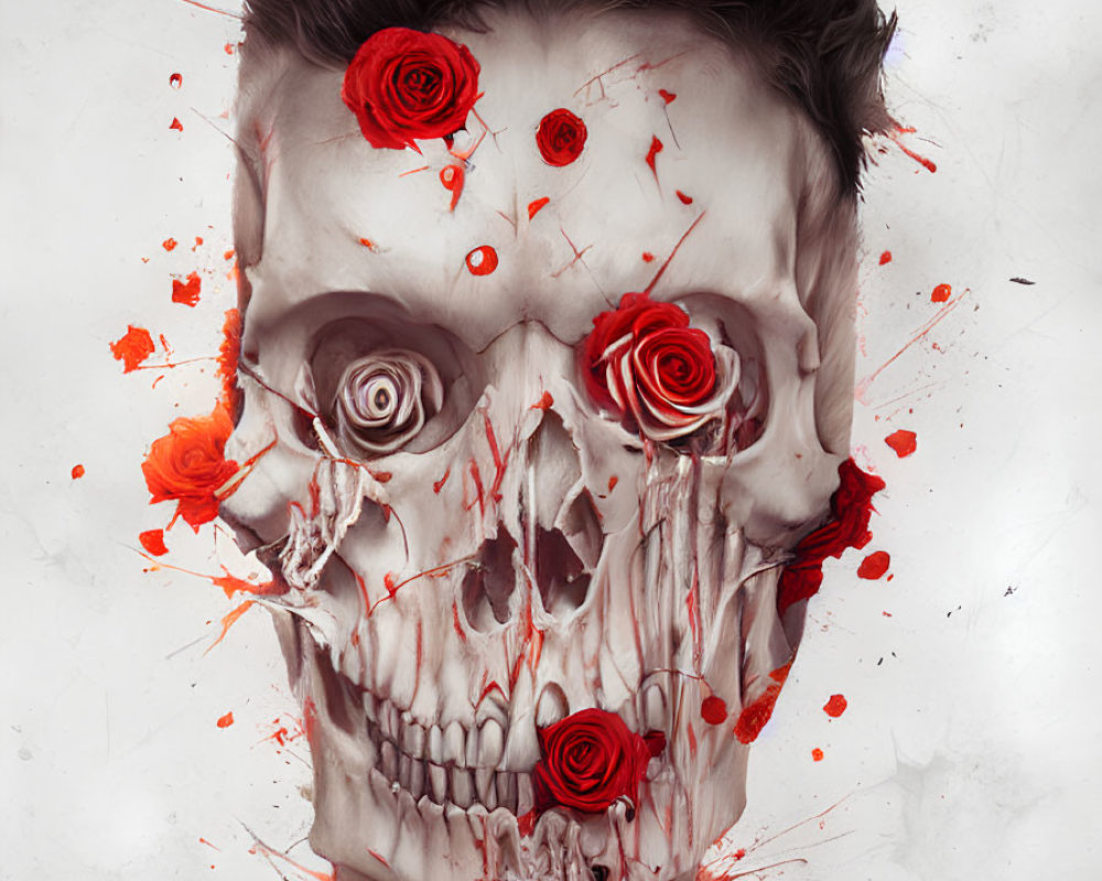 Surreal portrait with skull features and red roses on white background