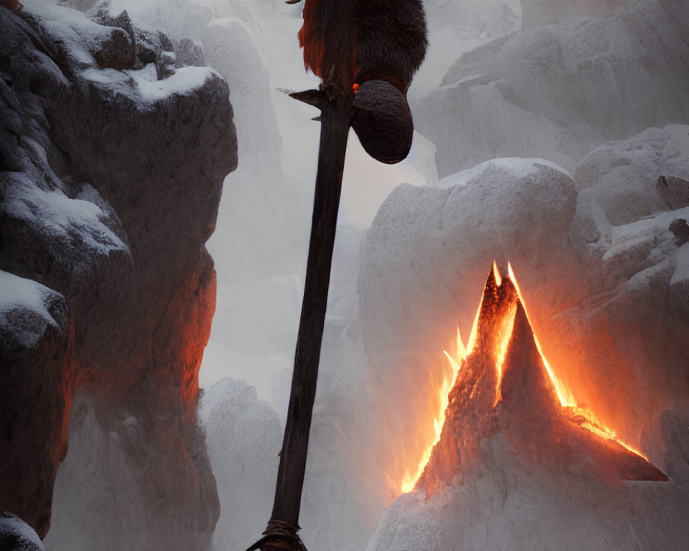 Warrior in fur armor confronts fiery winged creature in snowy landscape