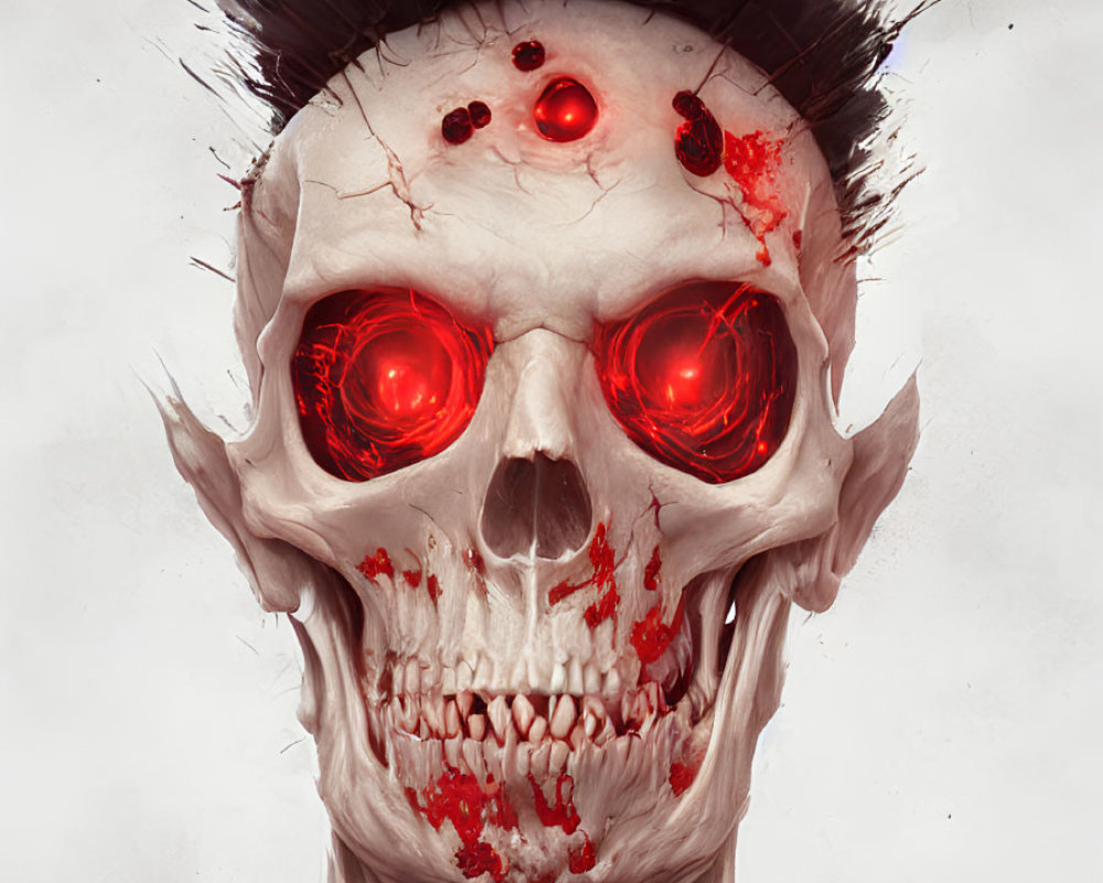 Menacing skull with red glowing eyes, blood splatter on white background.