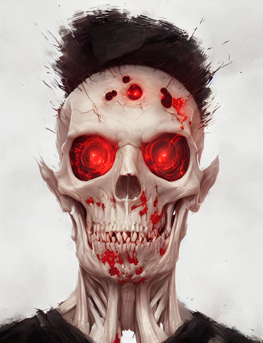 Menacing skull with red glowing eyes, blood splatter on white background.