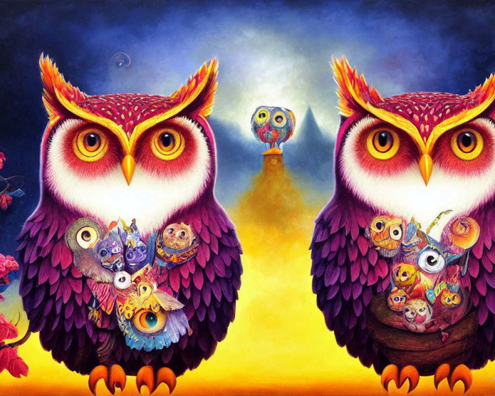 Colorful Owls with Intricate Patterns Standing Against Blue Sky