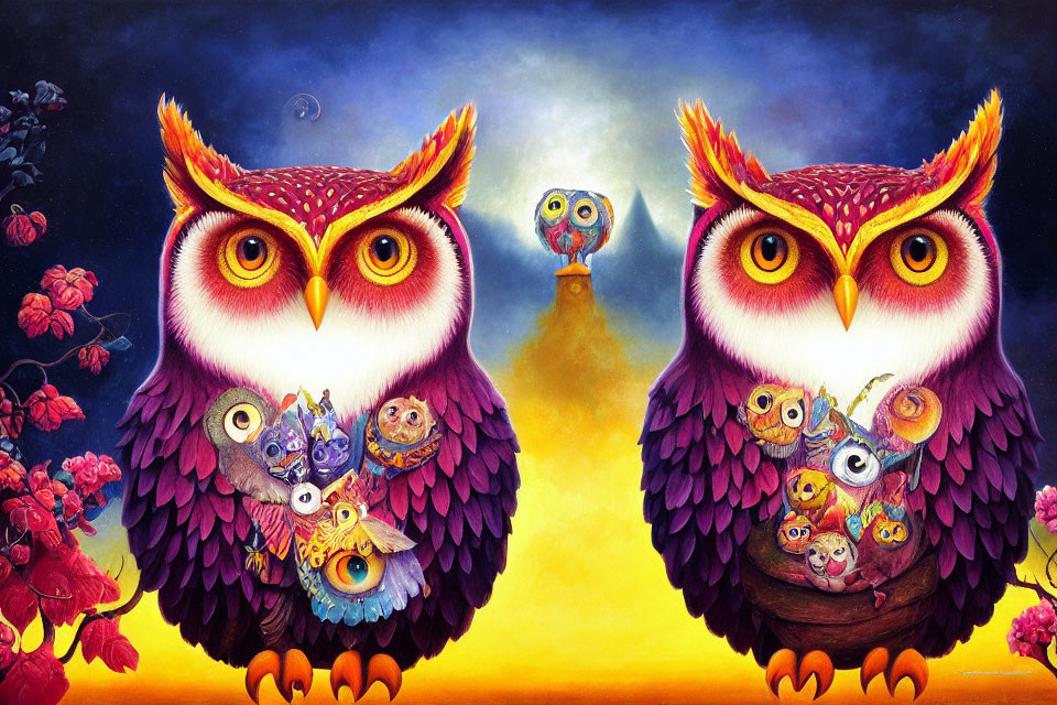 Colorful Owls with Intricate Patterns Standing Against Blue Sky