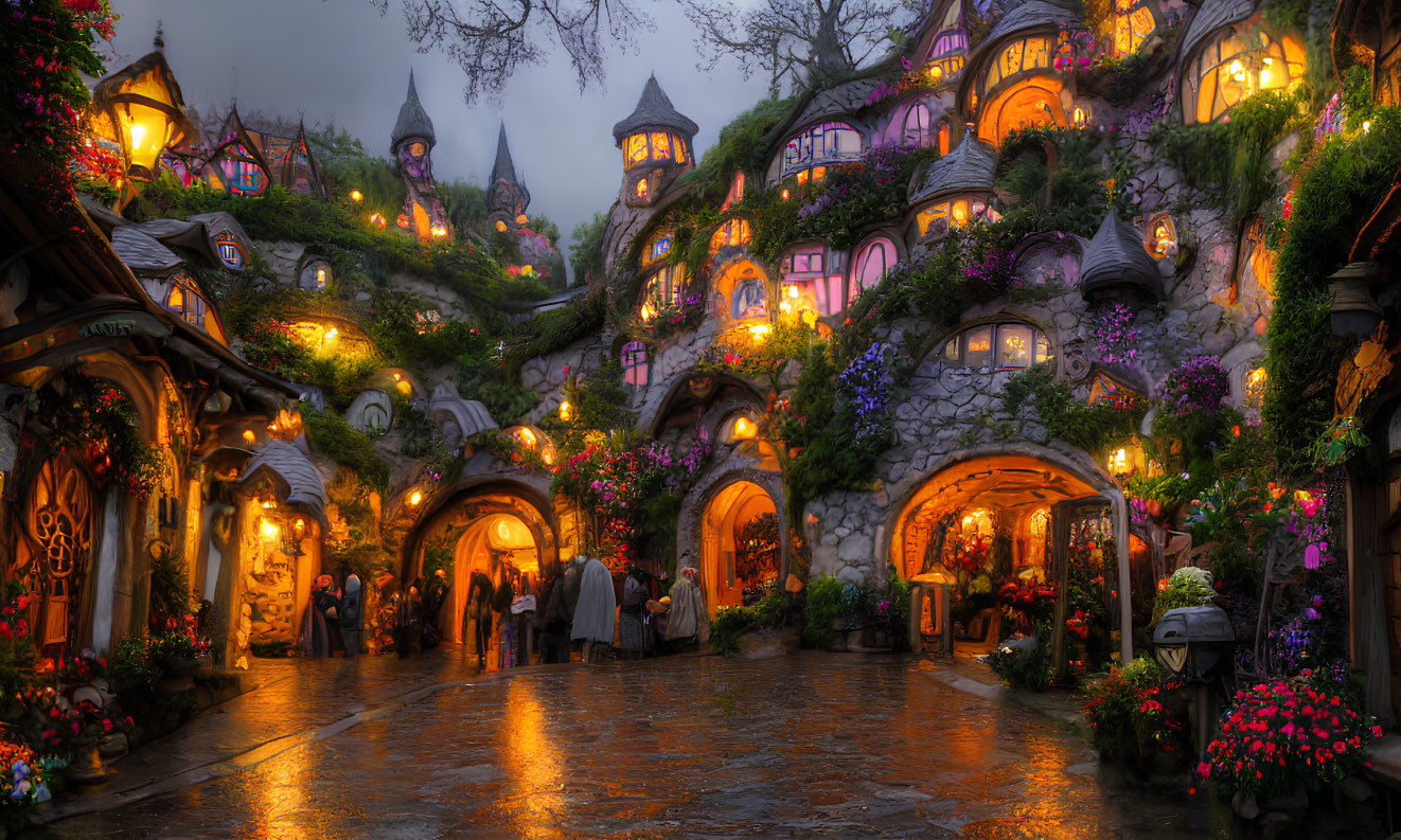 Picturesque village with cobblestone paths and whimsical stone houses at twilight