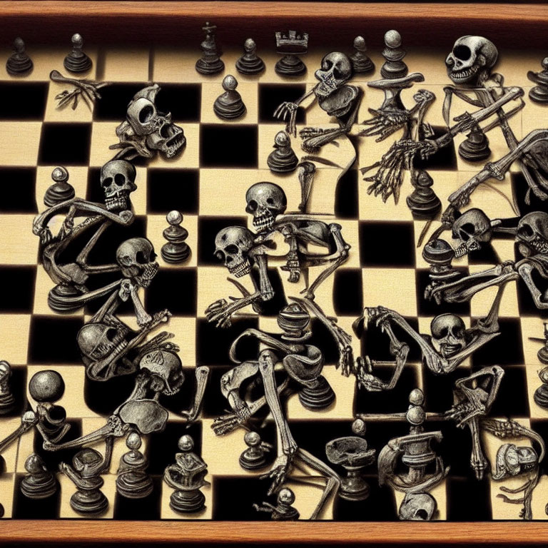 Detailed Skeleton Chess Game Depiction with Dynamic Poses