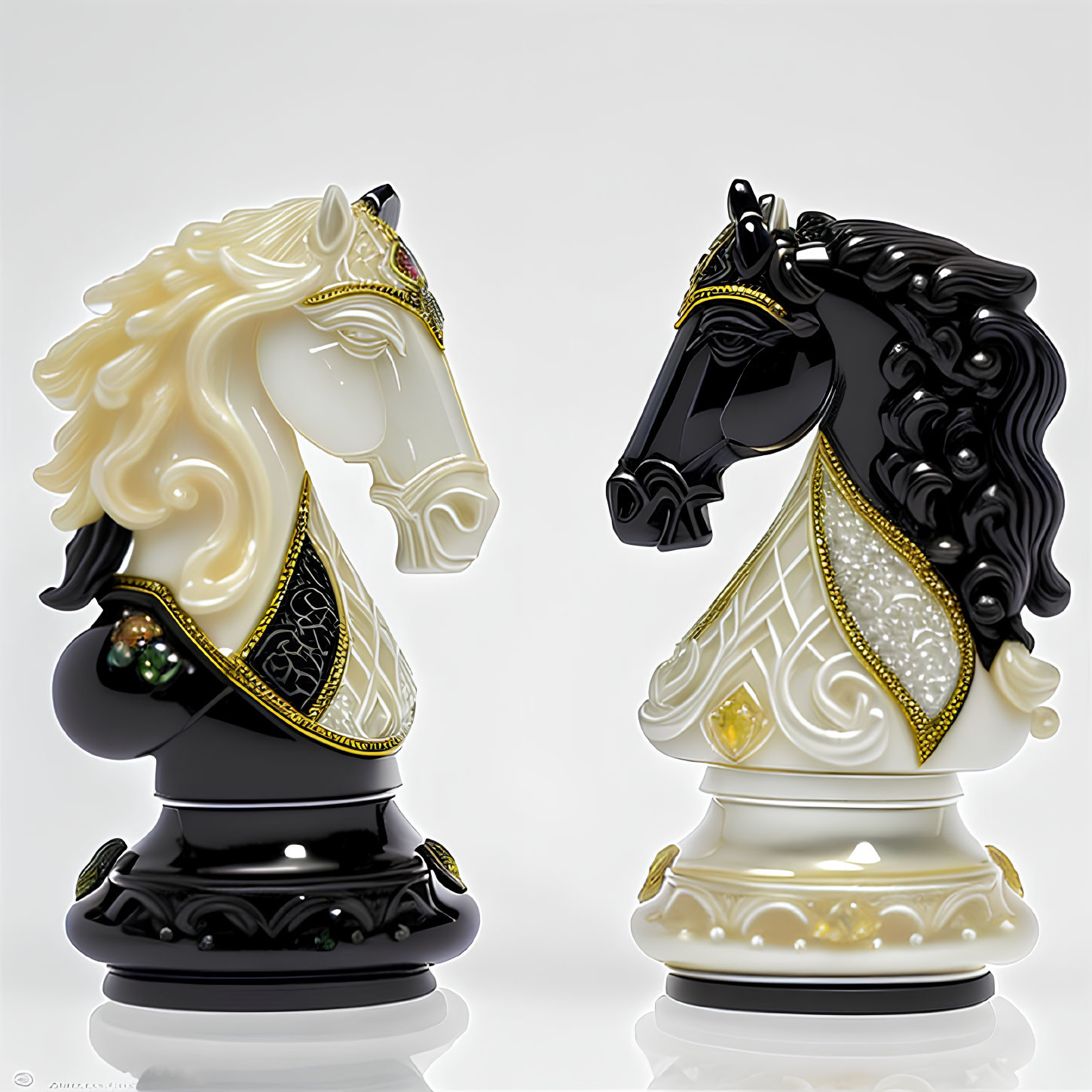 Ornate black and white chess knight pieces with golden embellishments