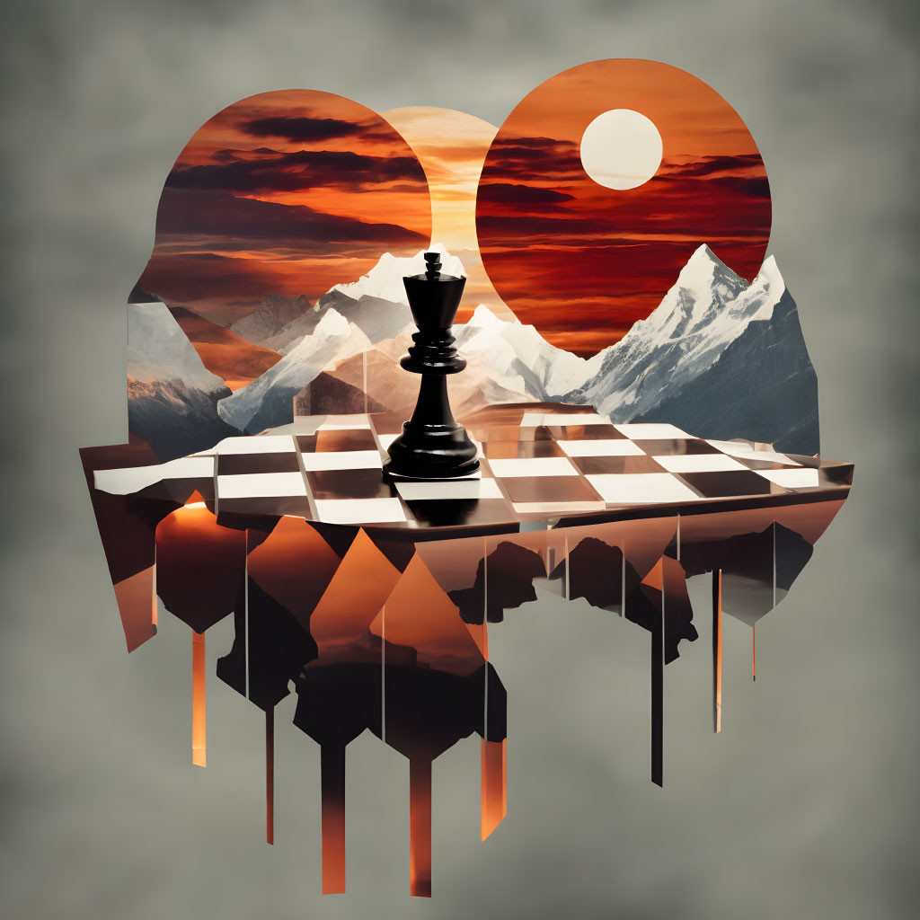 Surreal chessboard art: lone king, mountain landscape, sunset sky, circular cutouts