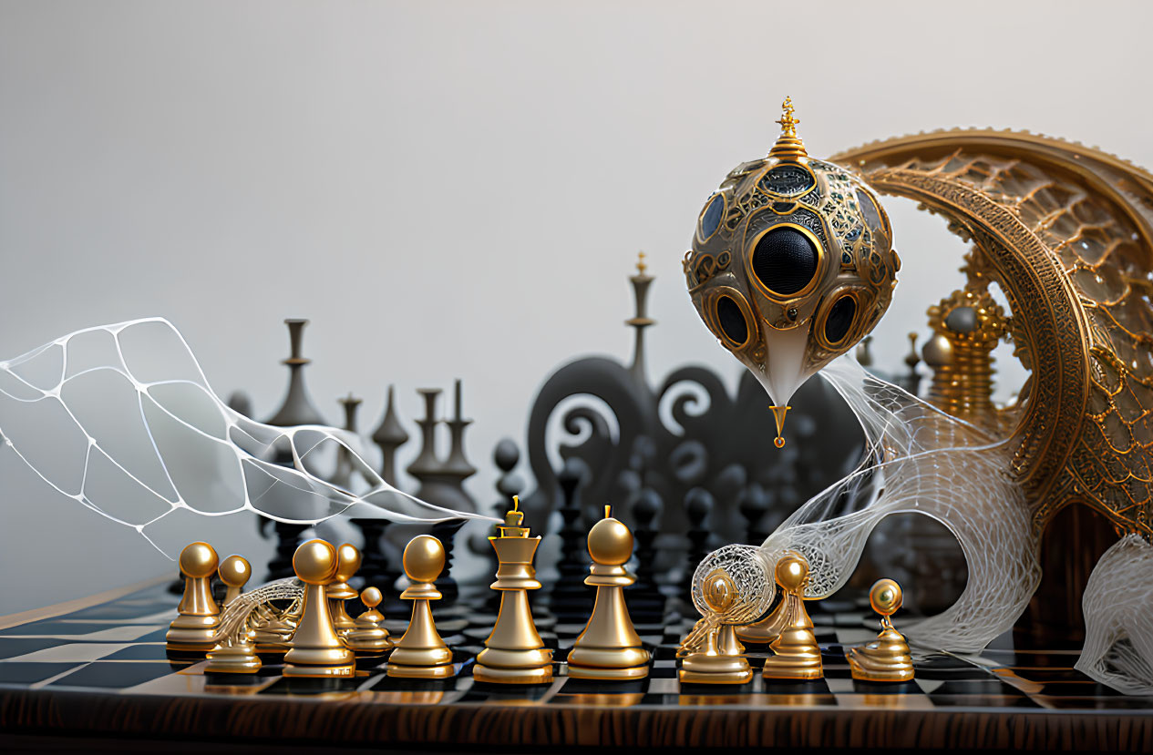 Surreal chess scene with golden pieces and intricate web-like structure