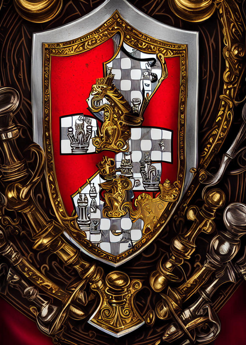 Chess-themed ornate shield with red background and golden scrollwork