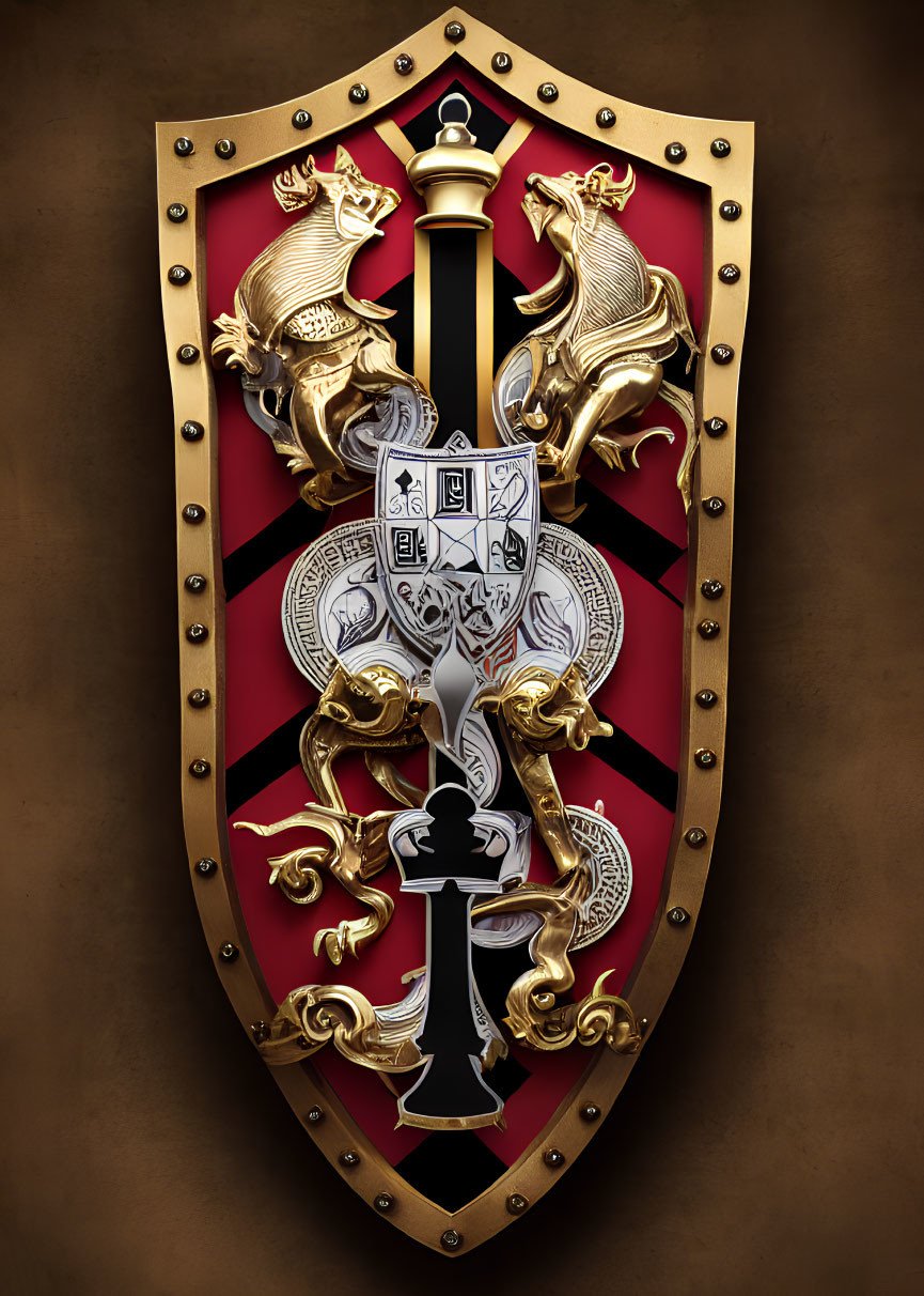 Ornate shield with red and black background, golden griffins, sword, and heraldic